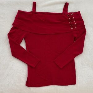 Thalia Sodi Red Off-Shoulder Sweater with Lace-Up Detail